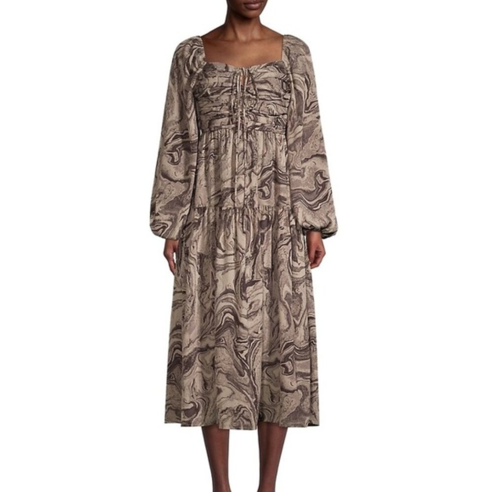 Moon River Sz L Marble Tiered Smocked Long Sleeves Bohemian Midi Dresss
